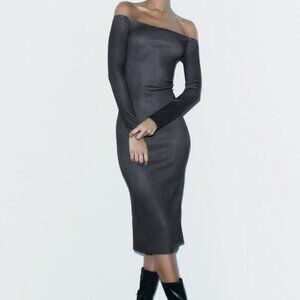 Zara Bodycon Dress Knit Off The Shoulder Fitted Ombre Charcoal Brown